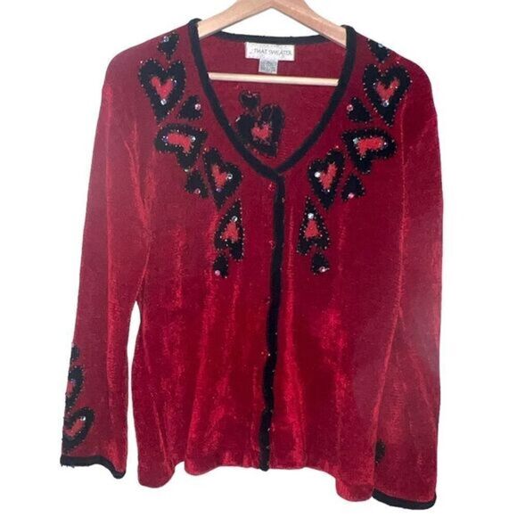 That Sweater Red Beaded with Hearts Button Up Sweater Cardigan Size M - Picture 1 of 16